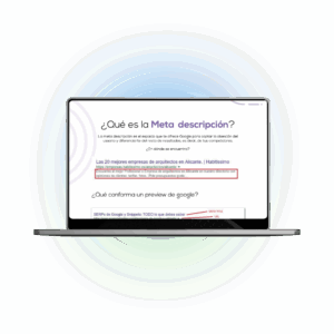 Mockup de laptop mostrando una guía sobre qué es la meta descripción y cómo se ve en Google, con ejemplos visuales y tips de optimización SEO.