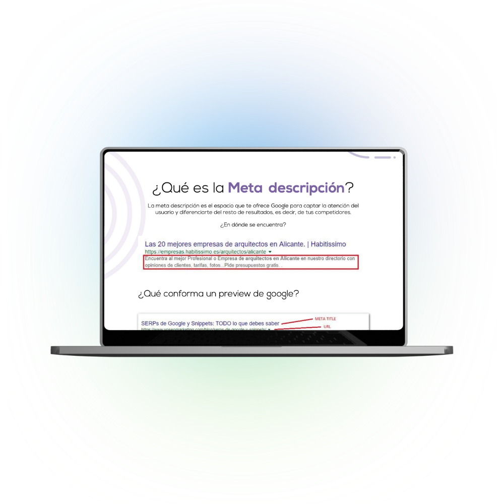 Mockup de laptop mostrando una guía sobre qué es la meta descripción y cómo se ve en Google, con ejemplos visuales y tips de optimización SEO.
