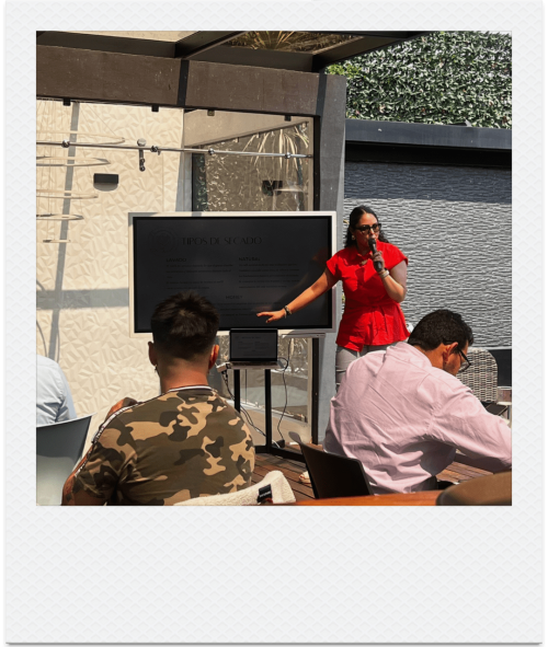 Ponente presentando frente a una pantalla ante un grupo de asistentes en una terraza
